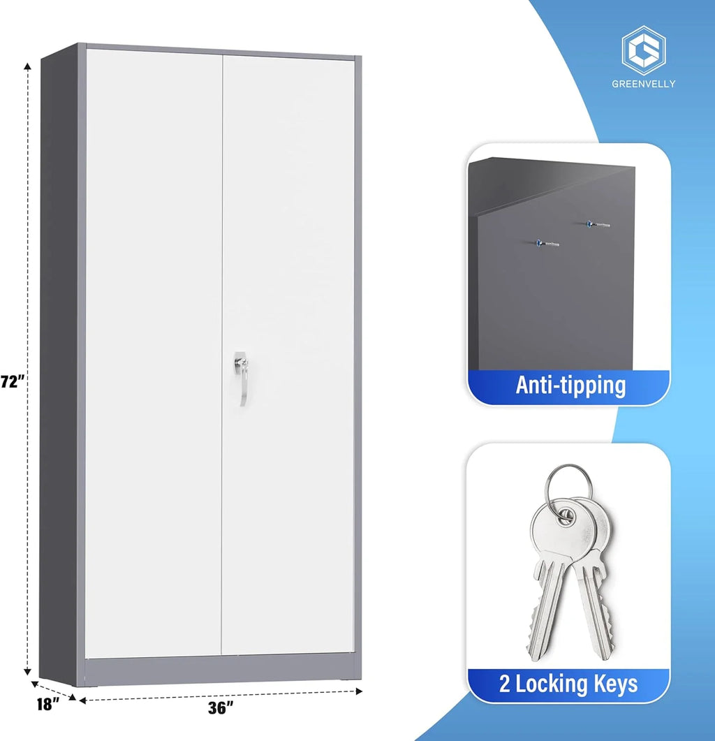 Greenvelly Metal Storage Cabinet, 72 Black Locking Metal Cabinet with 2 Doors and 4 Adjustable Shelves, Lockable Garage Storage Cabinets for Home Office, Garage, Kitchen, Living Room