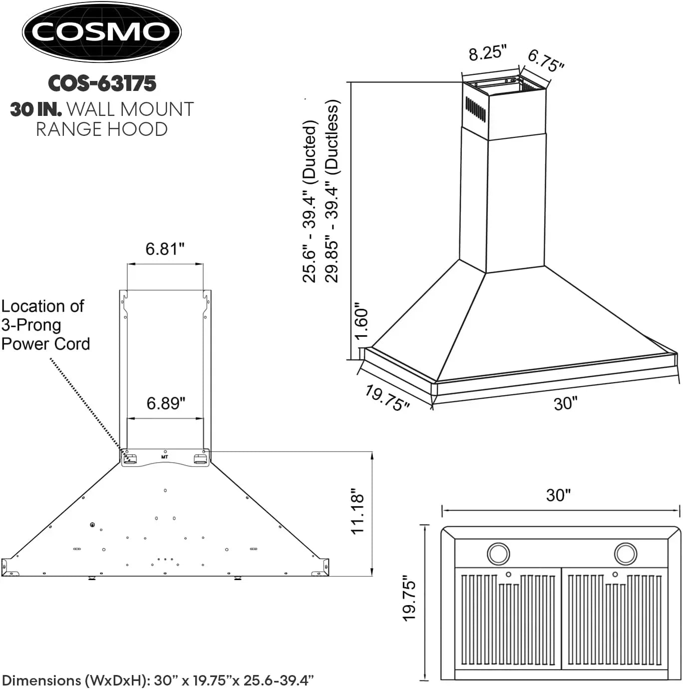 COSMO 30 Vista Series 380 CFM Ducted Wall-Mount Range Hood