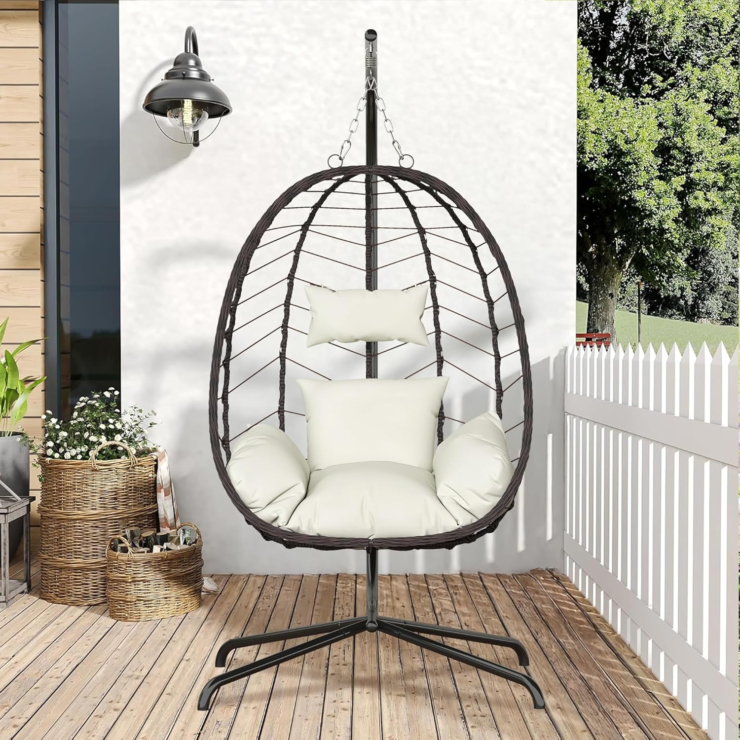 Hanging Egg Chair with Stand Swinging Egg Chair Outdoor Hanging Basket Chair with Cushion