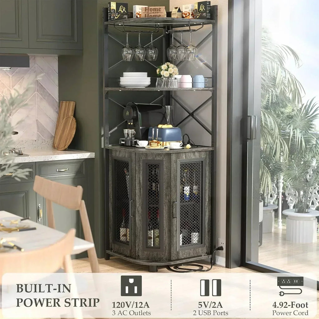 Corner bar cabinet with power socket industrial style wine cabinet light strip and glass rack