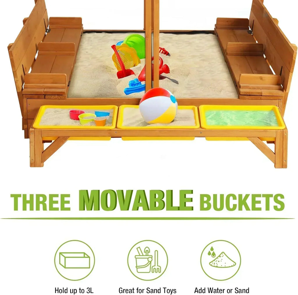 Kids Wooden Outdoor Sandbox Canopy 2 Foldable Bench Seats Retractable Roof Sand Protection Liner