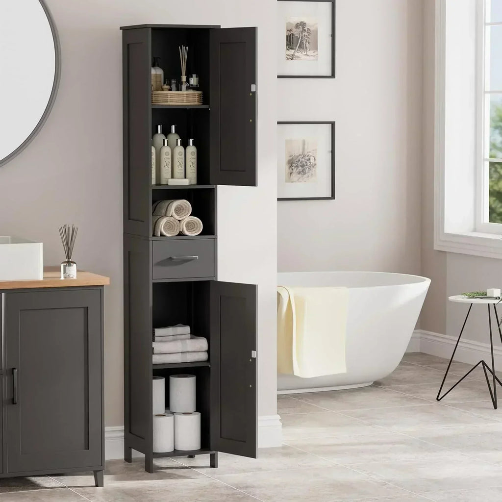 Homhedy 67 H Tall Bathroom Storage Cabinet with 2 Barn Doors and 1 Drawer Narrow Storage Unit