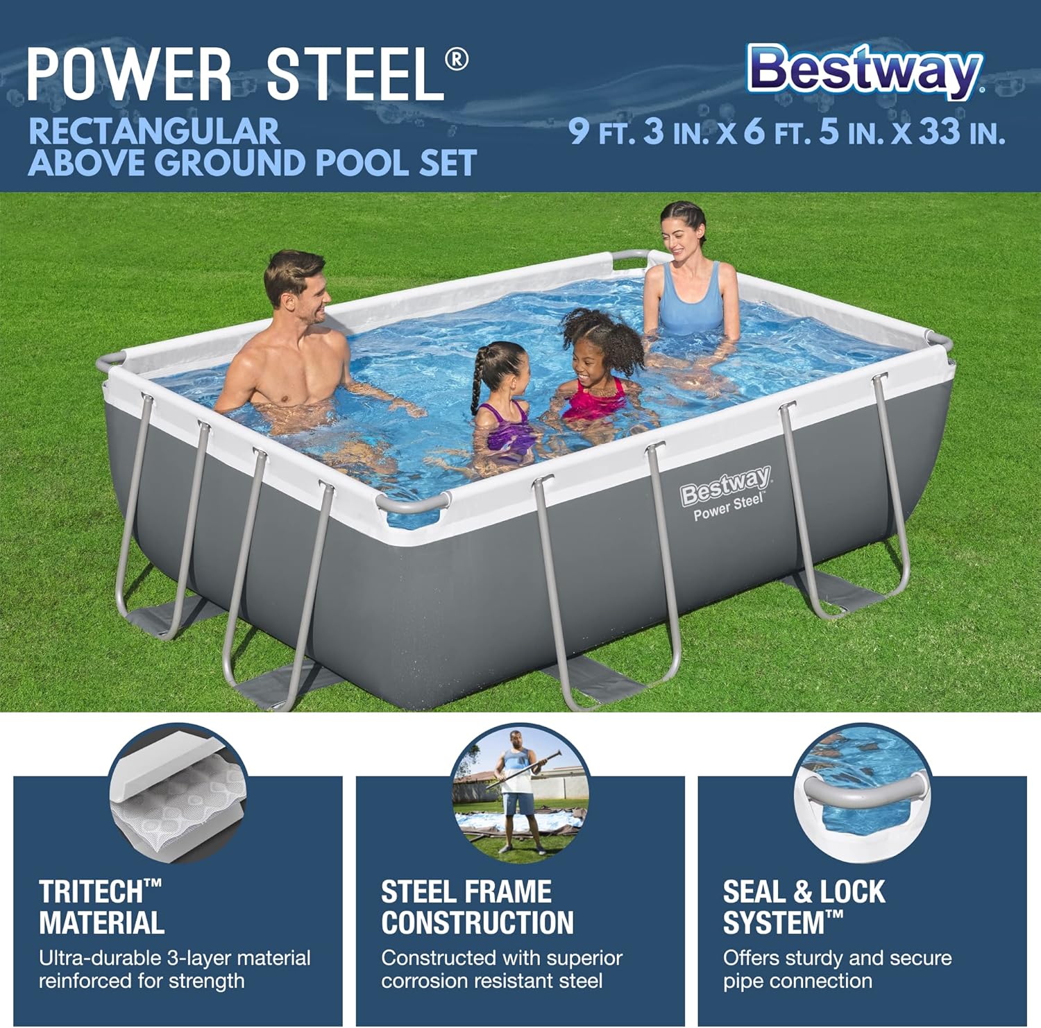 Power Steel 14' x 8'2 x 39.5 Oval Above Ground Pool Set | Includes 530gal Filter Pump, Ladder, ChemConnect Dispener