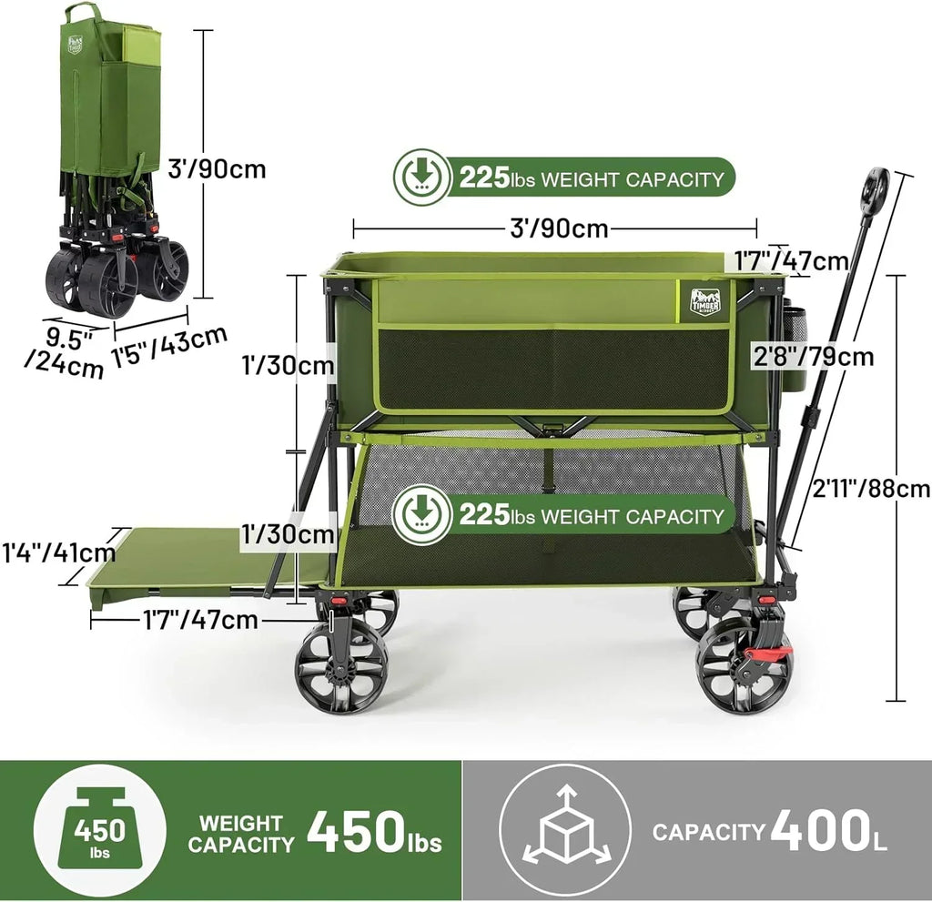 400L Large Capacity Folding Double Decker Cart with Brakes 54 Inch Extra Long Extended Cart