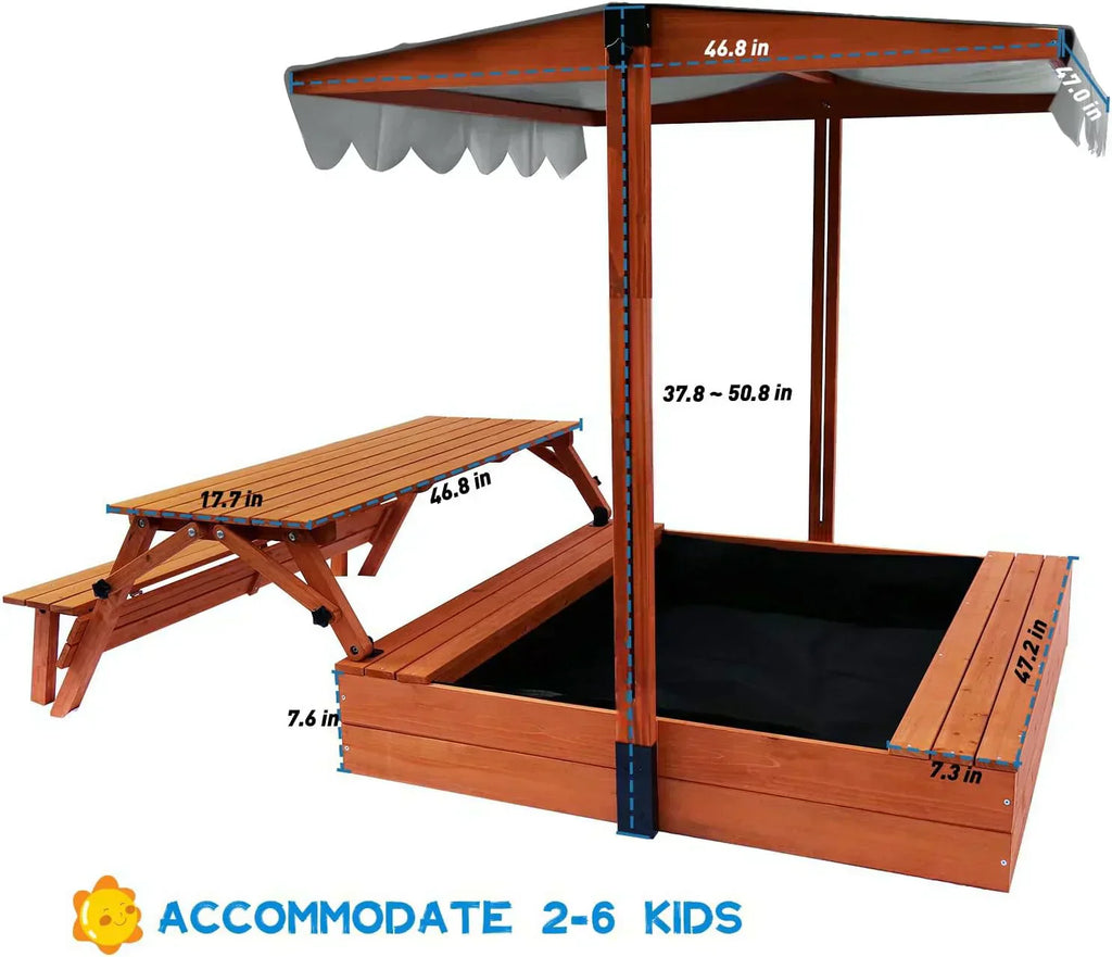 Wooden Kids Sandbox with Lid Outdoor Sand Box with Picnic Table Foldable Sandpit with Cover