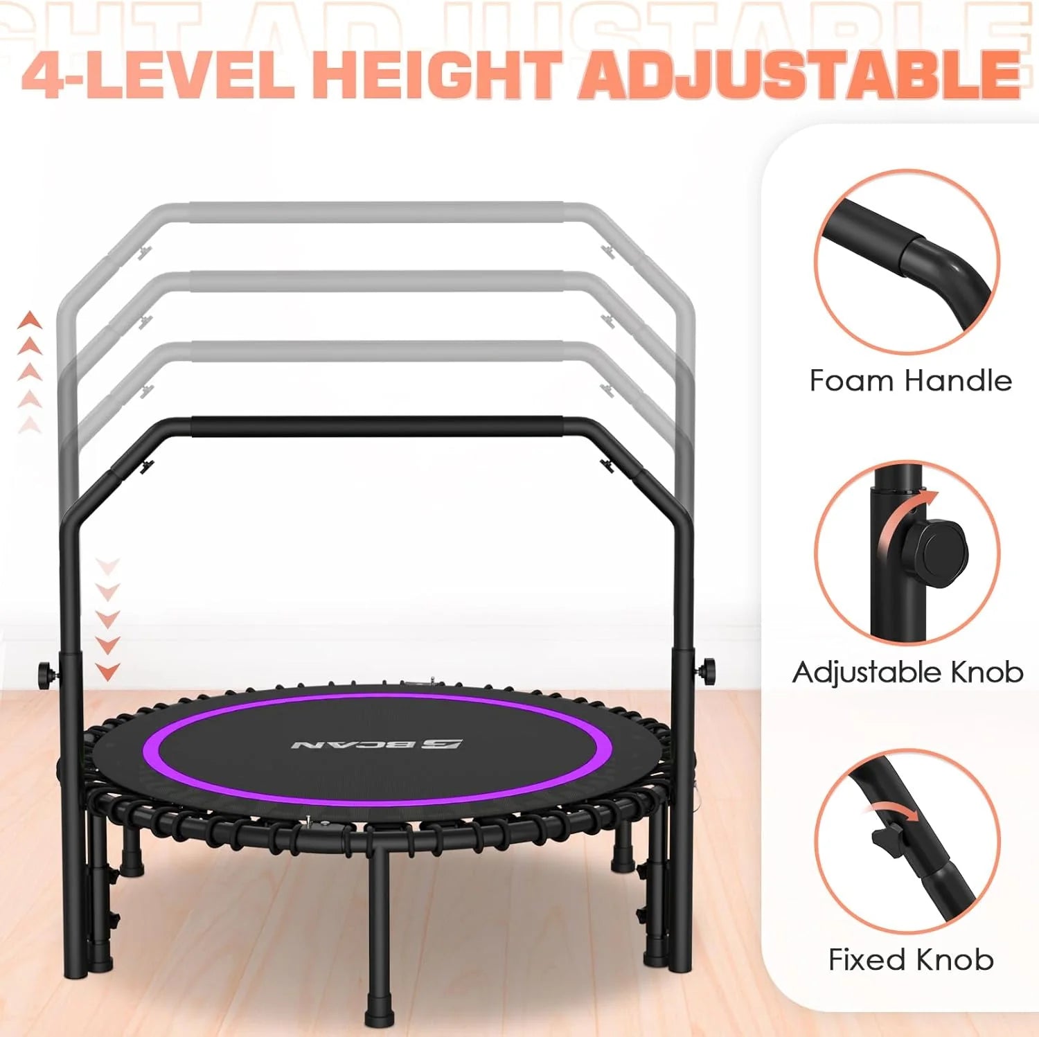 BCAN 450/550 LBS Foldable Mini Trampoline, 40/48 Fitness Trampoline with Bungees, U Shape Adjustable Foam Handle, Stable & Quiet Exercise Rebounder for Adults Indoor/Outdoor Workout