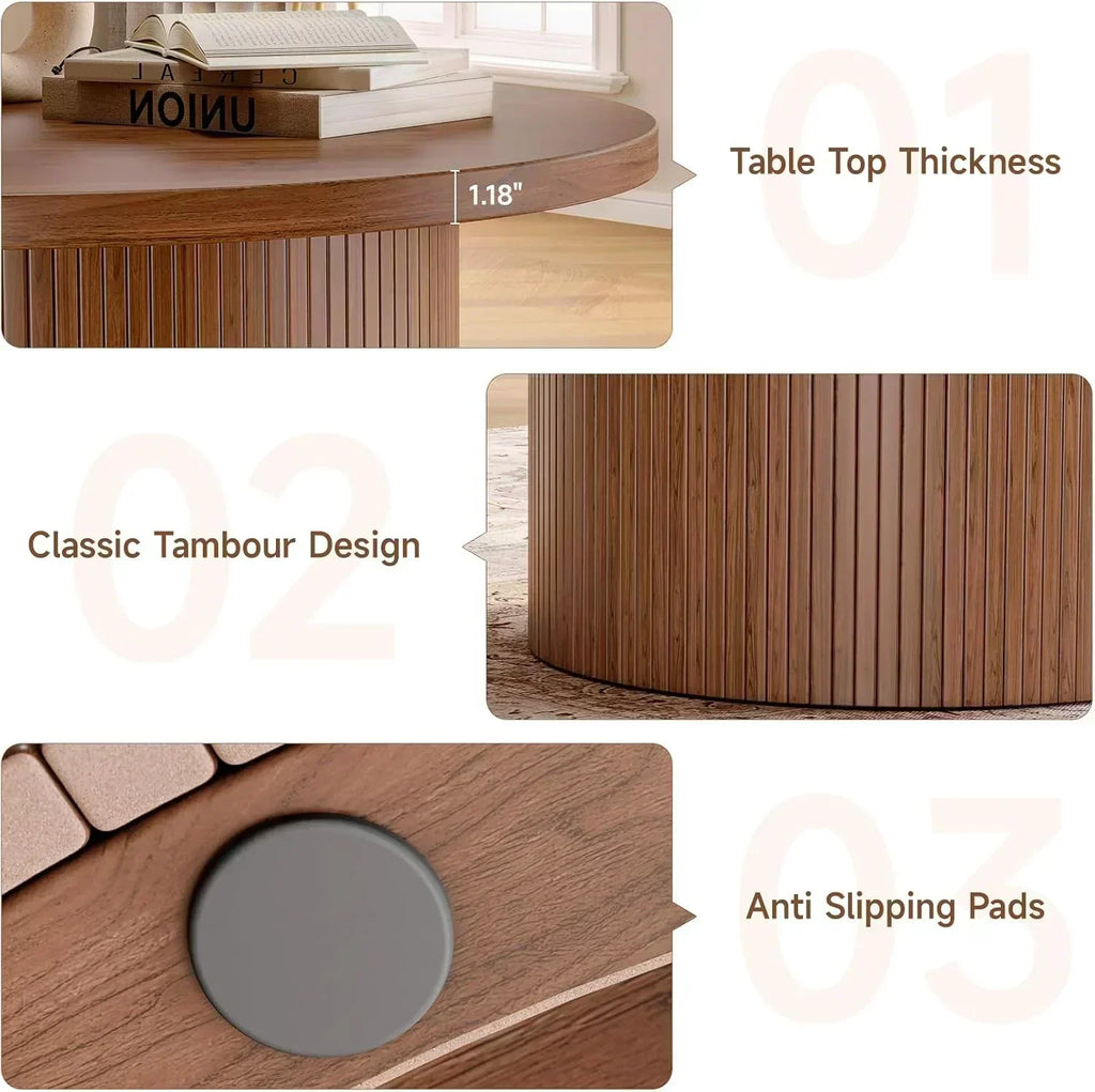 31.5 inch round coffee table living room roll-up coffee table mid-century modern wood coffee table