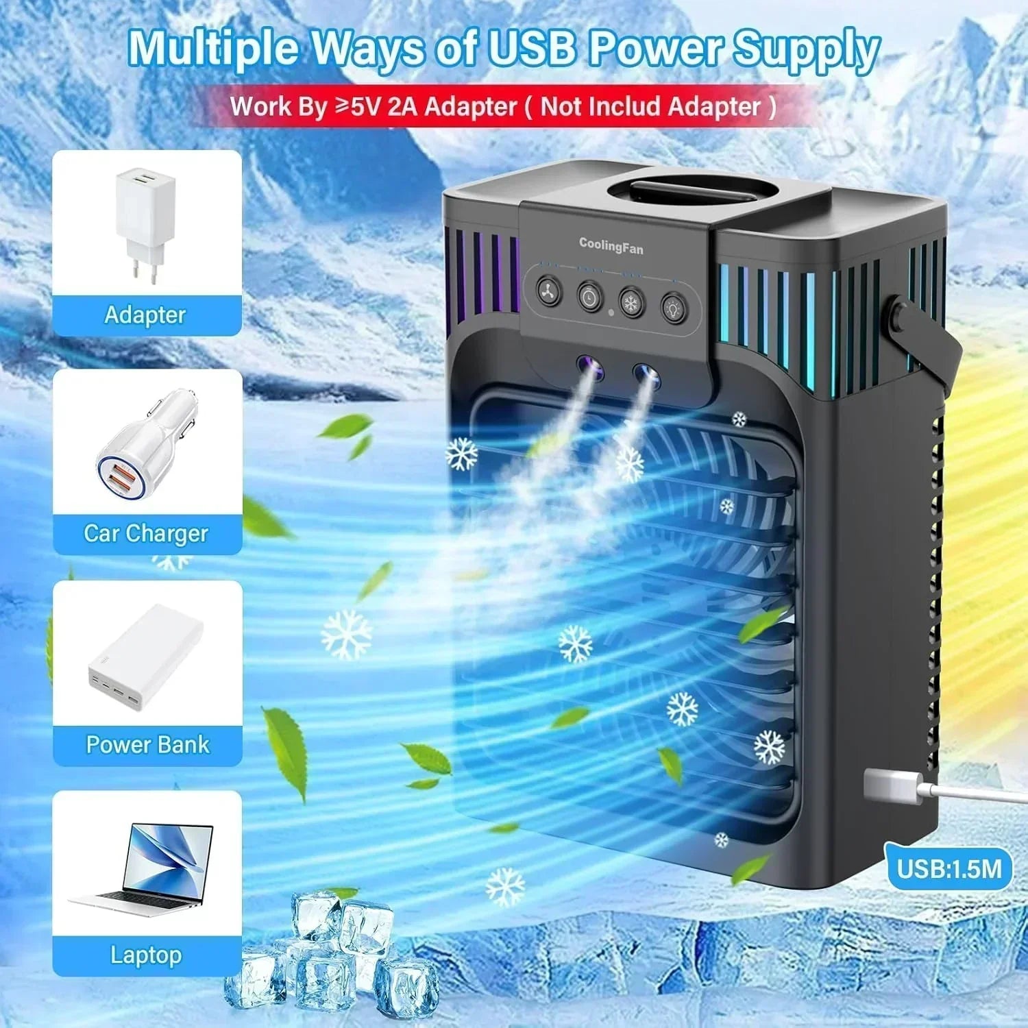 Portable Air Conditioners 4-in-1 Evaporative Air Cooler 3 Modes 7 LED Light Cooling Fan