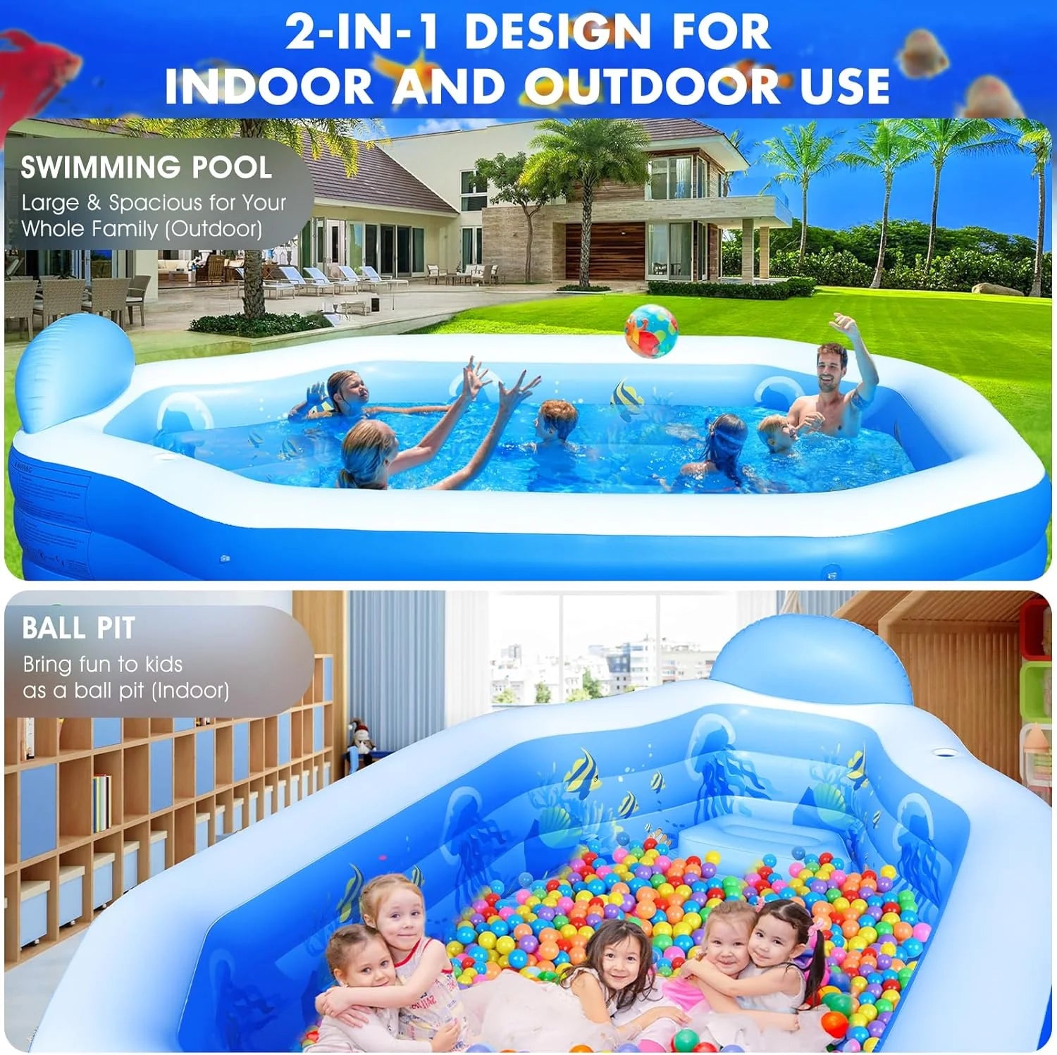 Inflatable Pool with Canopy, Large Inflatable Swimming Pool for Kids,Adult, Blow Up Pools with Seats,Backrest.Durable Thickened Inflatable Family Pools for Backyard,118x75x22-Dark Blue