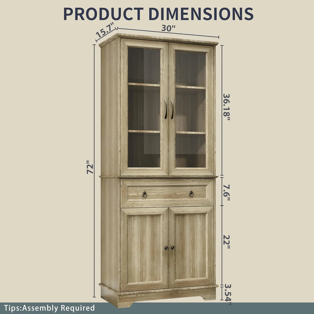Kitchen Hutch Pantry Cabinet 71 Tall with Glass Doors