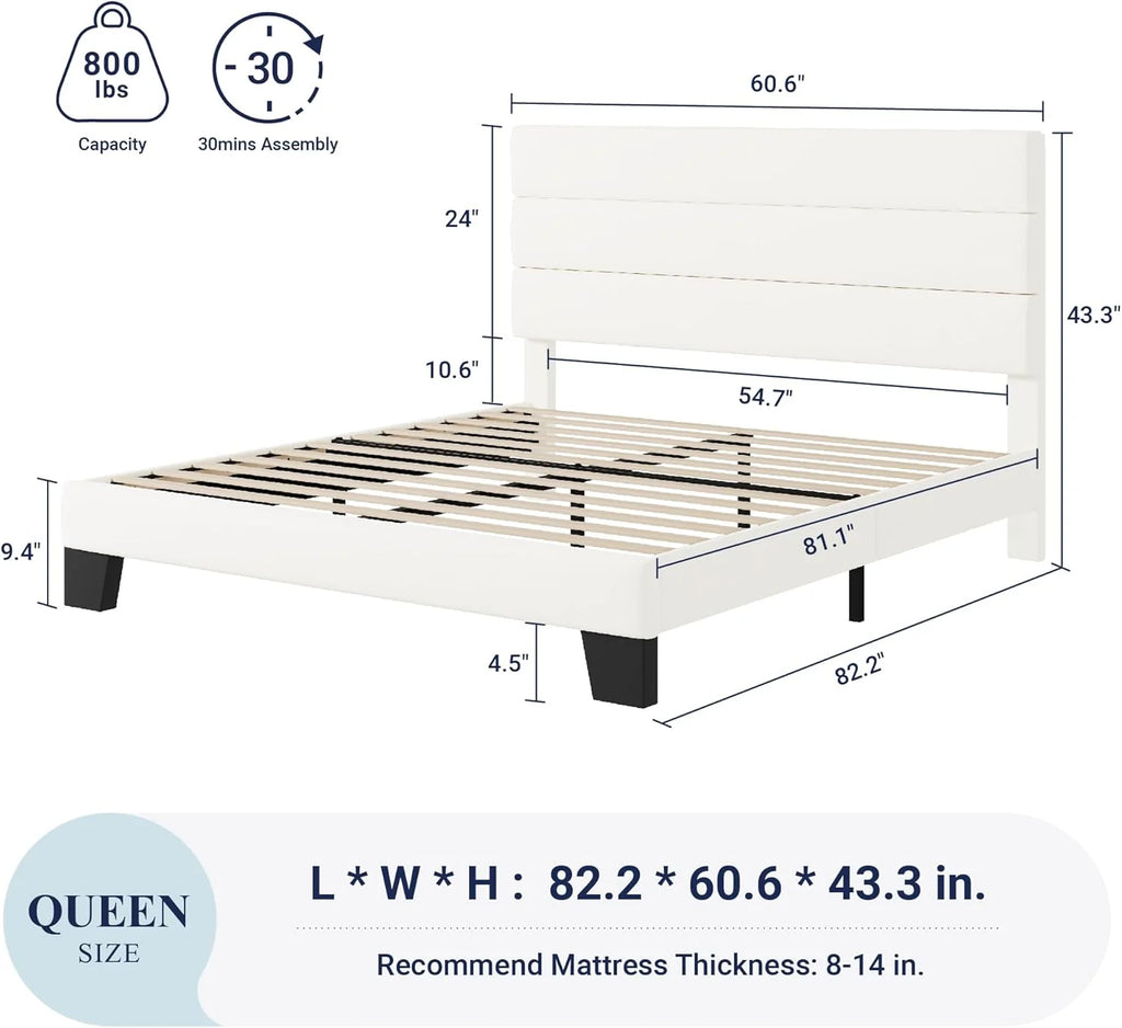 Allewie Queen Size Platform Bed Frame Fabric Upholstered Headboard Wooden Slats Support