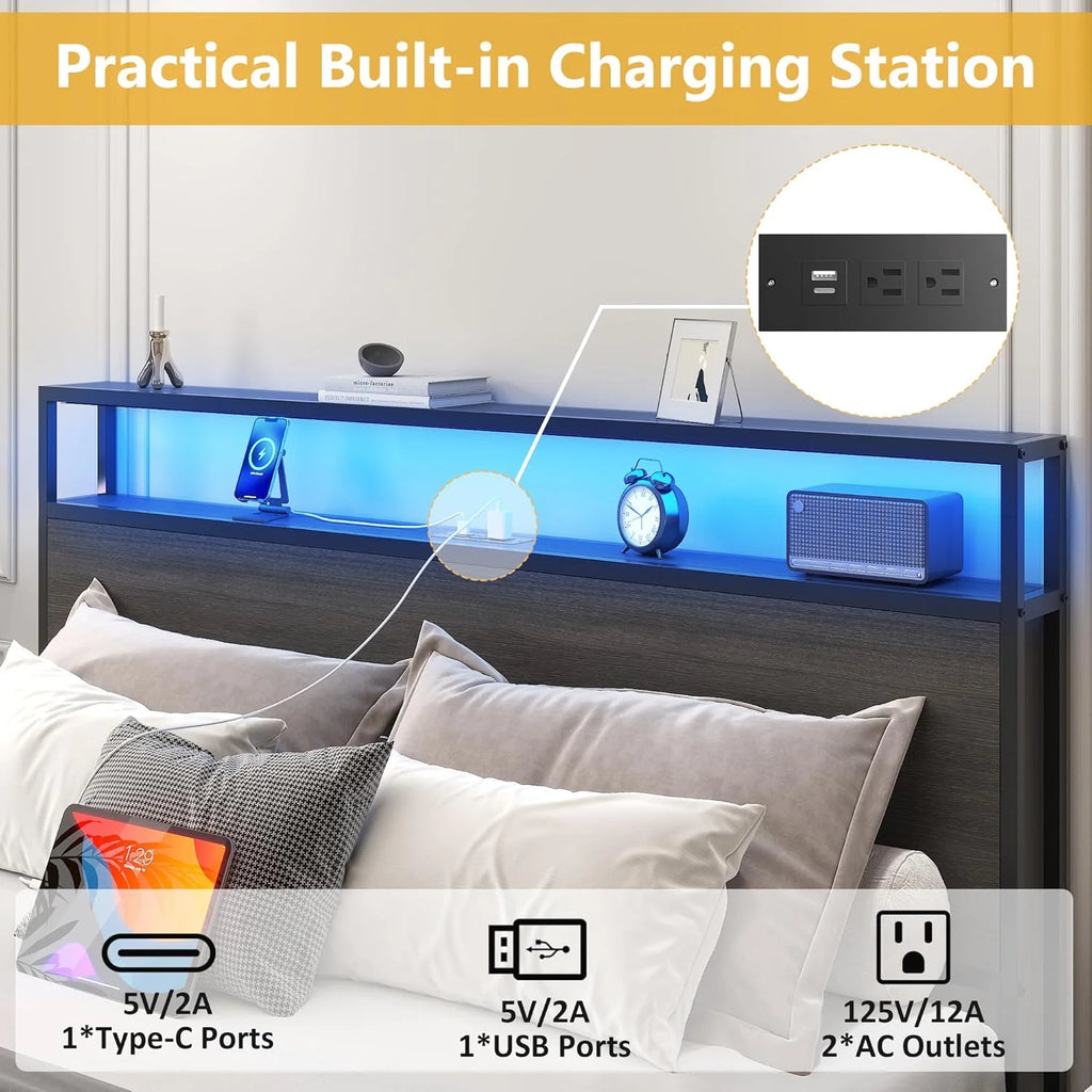 Lifezone Queen Bed Frame with 2-Tier Storage Headboard, Metal Platform Bed Frame with 4 Storage Drawers, Built in Charging Station & LED, Noise-Free/Metal Support/No Box Spring Needed