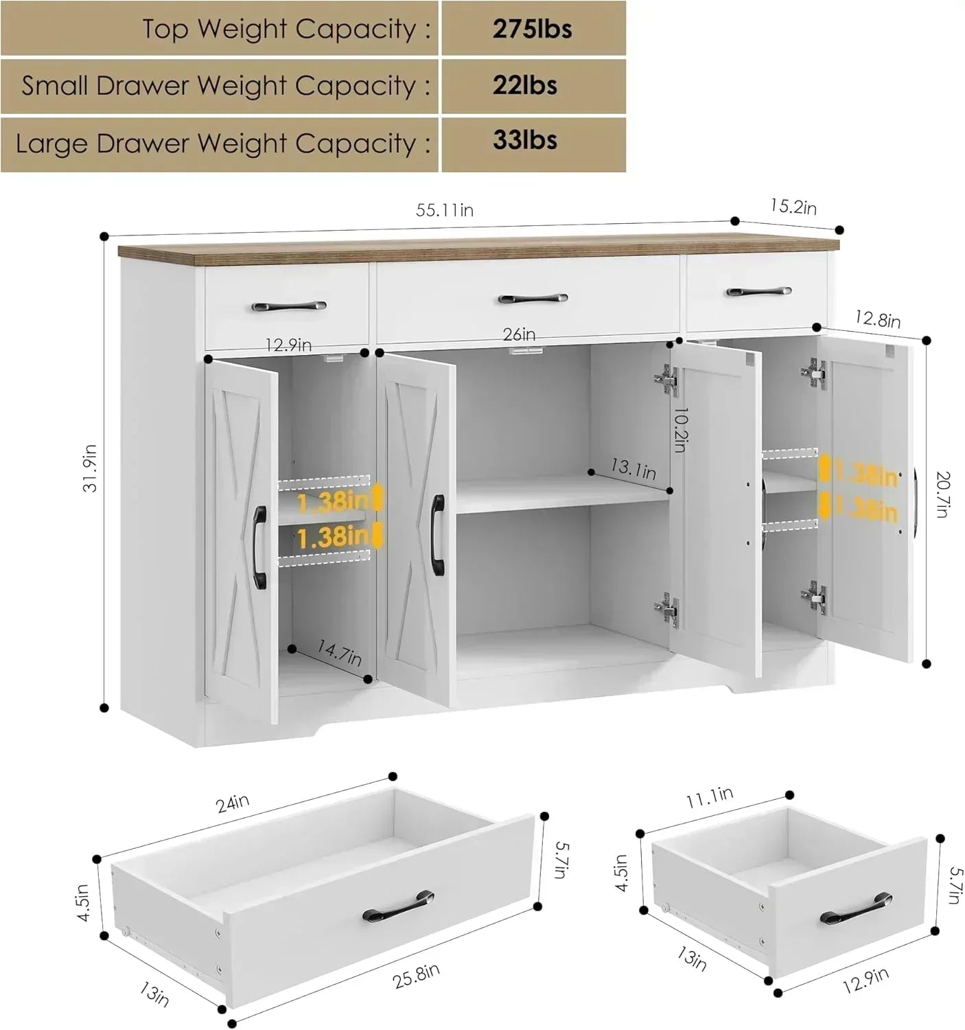 Sideboard with drawers large 55-inch sideboard modern farmhouse wood kitchen dining table