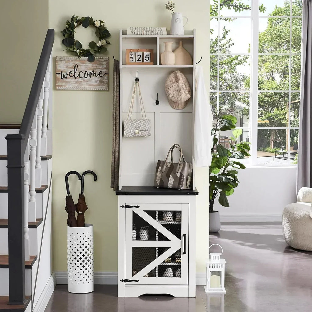 JXQTLINGMU 59-inch Farmhouse Foyer Tree Shoe Storage Entryway Bench Foyer Coat Rack Cabinet