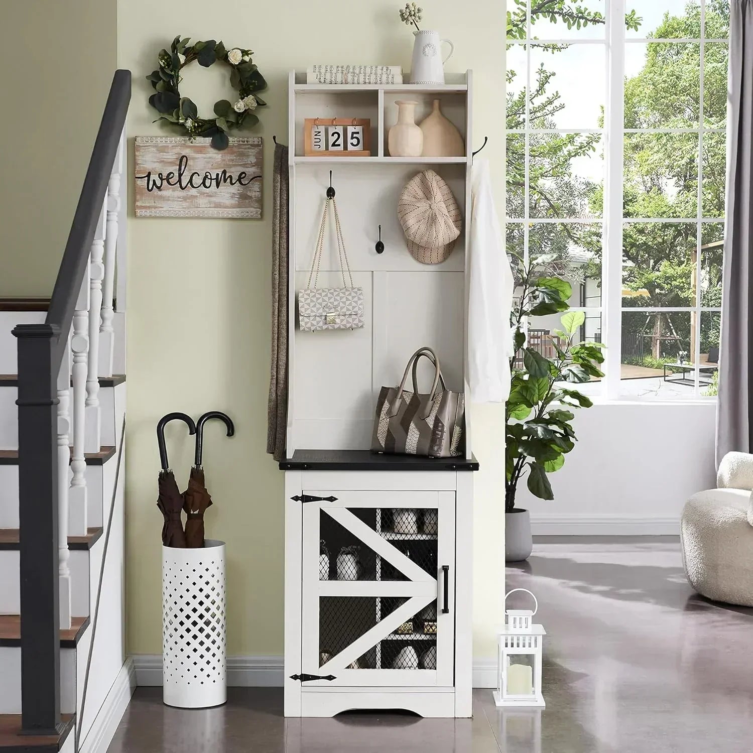 JXQTLINGMU 59-inch Farmhouse Foyer Tree Shoe Storage Entryway Bench Foyer Coat Rack Cabinet