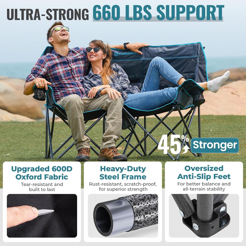 Double Camping Chair Cooler 3-Person Folding Extra Large Camping Chair 1000-Pound Capacity