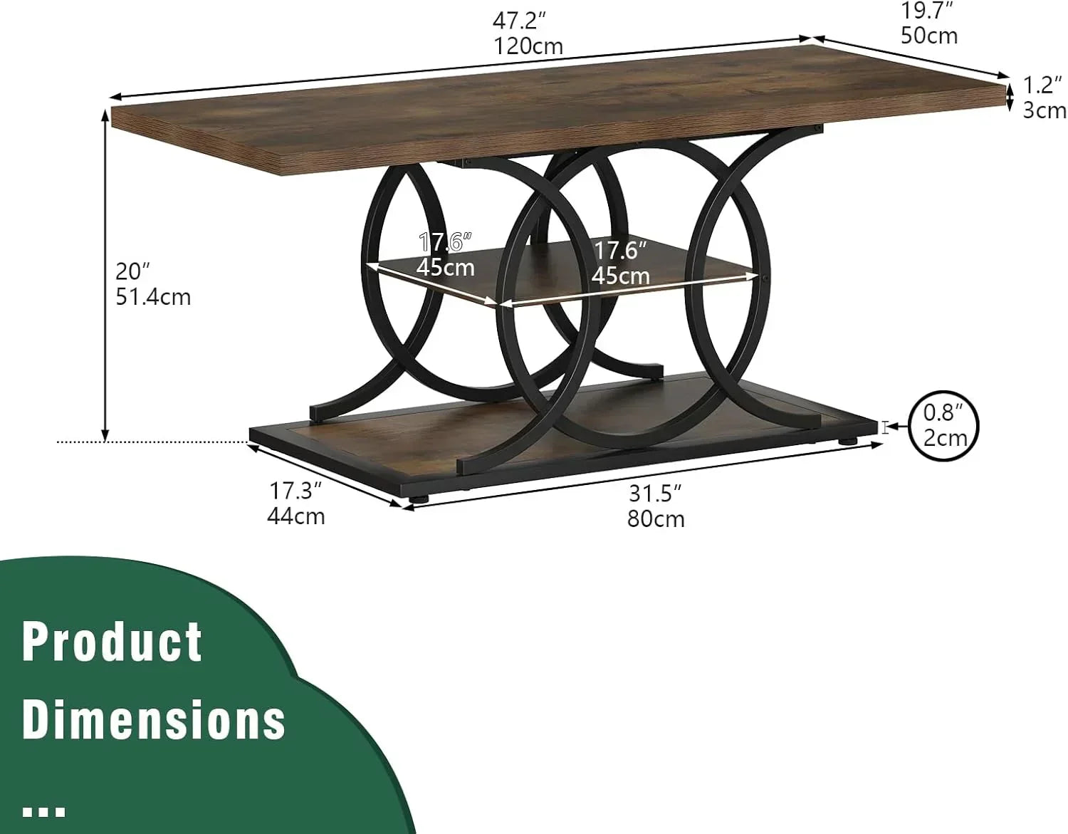 GiftGo Rustic Style Coffee Table Storage Industrial Style Three Tier Centerpiece Living Room Table