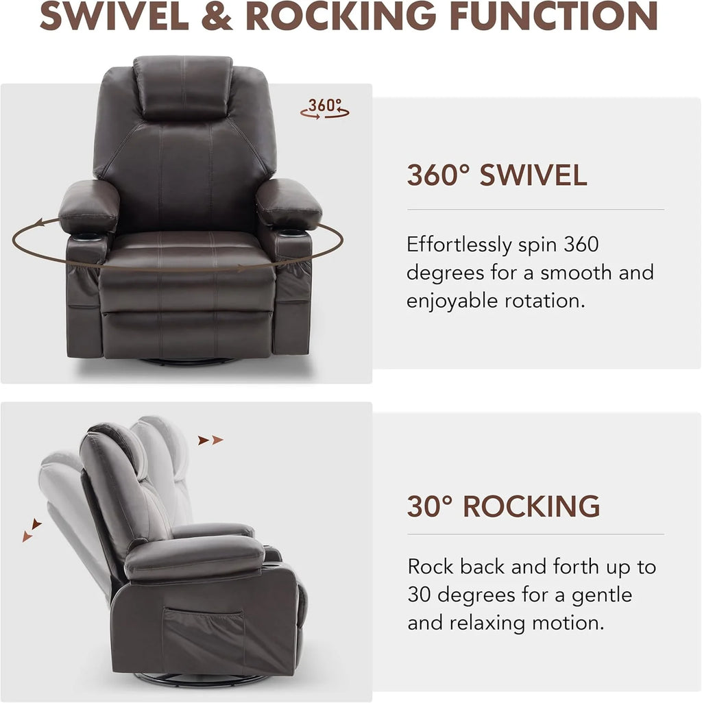 Large Swivel Rocking Recliner with Heating and Massage Function, 360 Degree Swivel Rocking Single Sofa