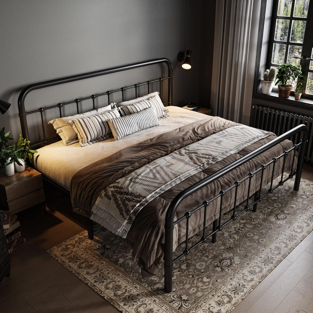 Allewie Queen Size Metal Platform Bed Frame with Victorian Style Wrought Iron-Art Headboard