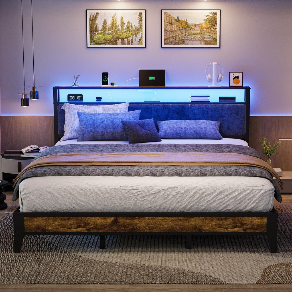 OLEVS Single Bed Frame LED Light Storage Headboard Type C Charging Station Metal Platform Bed