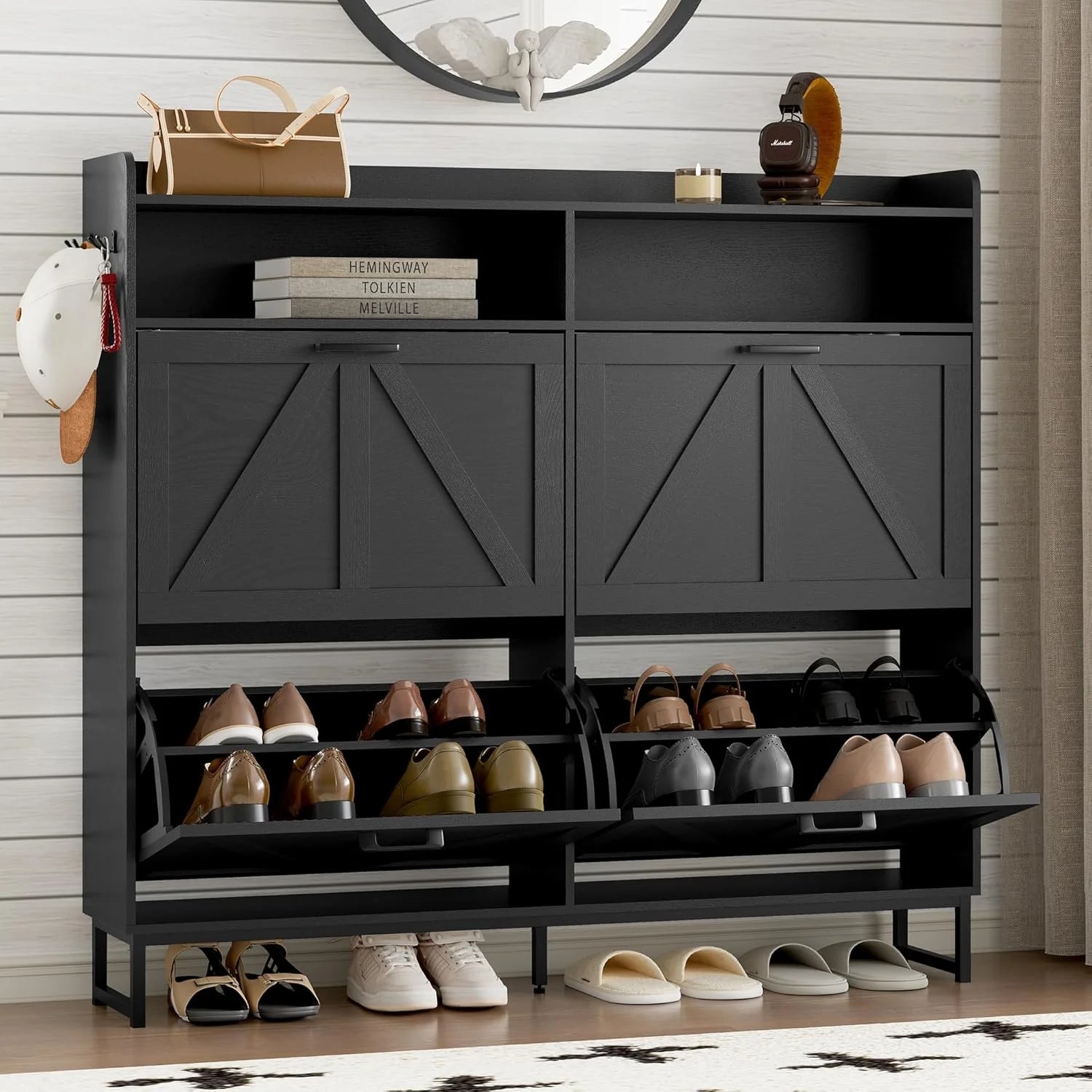 Shoe cabinet with 2 flip-top drawers Narrow shoe storage cabinet