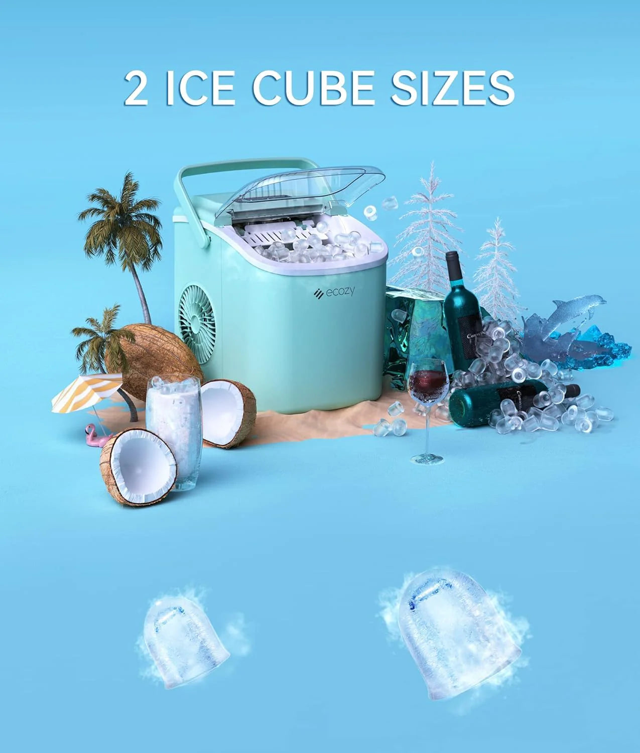 ecozy Portable Ice Maker Countertop, 9 Cubes Ready in 6 Mins, 26 lbs in 24 Hours, Self-Cleaning Machine