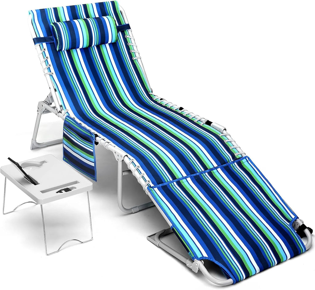 3-in-1 Beach Chair Face Holes Lounge Chair Outdoor with Folding Side Table 5-Position Recliner, Lay Flat Removable Pillow Heavy Duty, Max 330lbs, Poolside, Patio, Camping Backyard Striped Blue