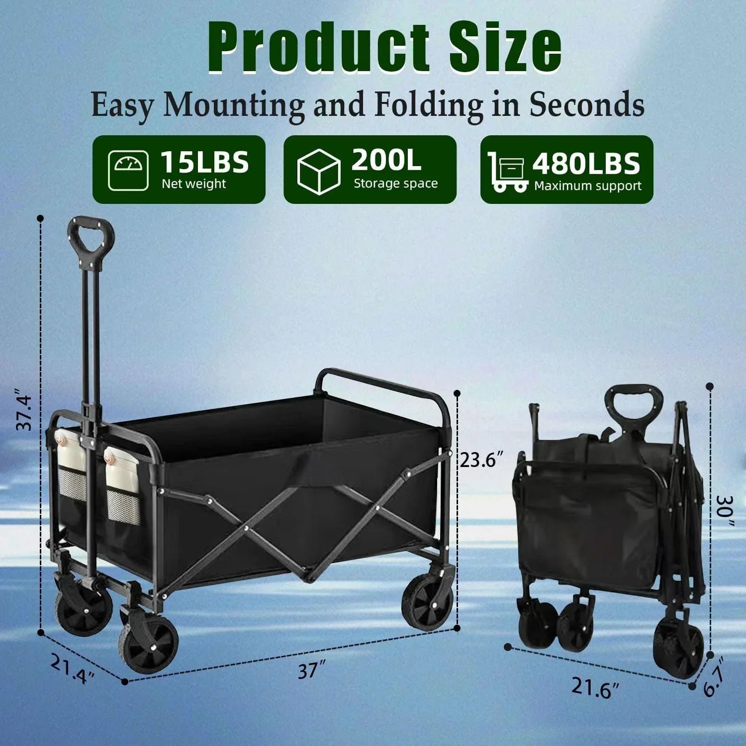 Foldable 4-wheel cart foldable 37 inches long 480 lb capacity heavy-duty beach cart