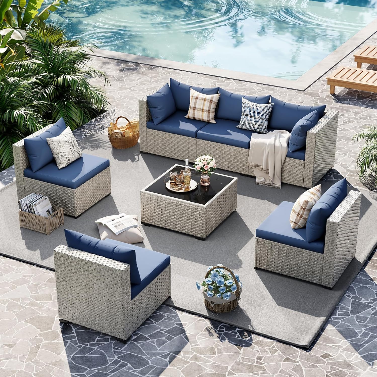 UDPATIO Outdoor Patio Furniture Set 7-Piece PE Wicker Sectional Sofa Outdoor Conversation Set