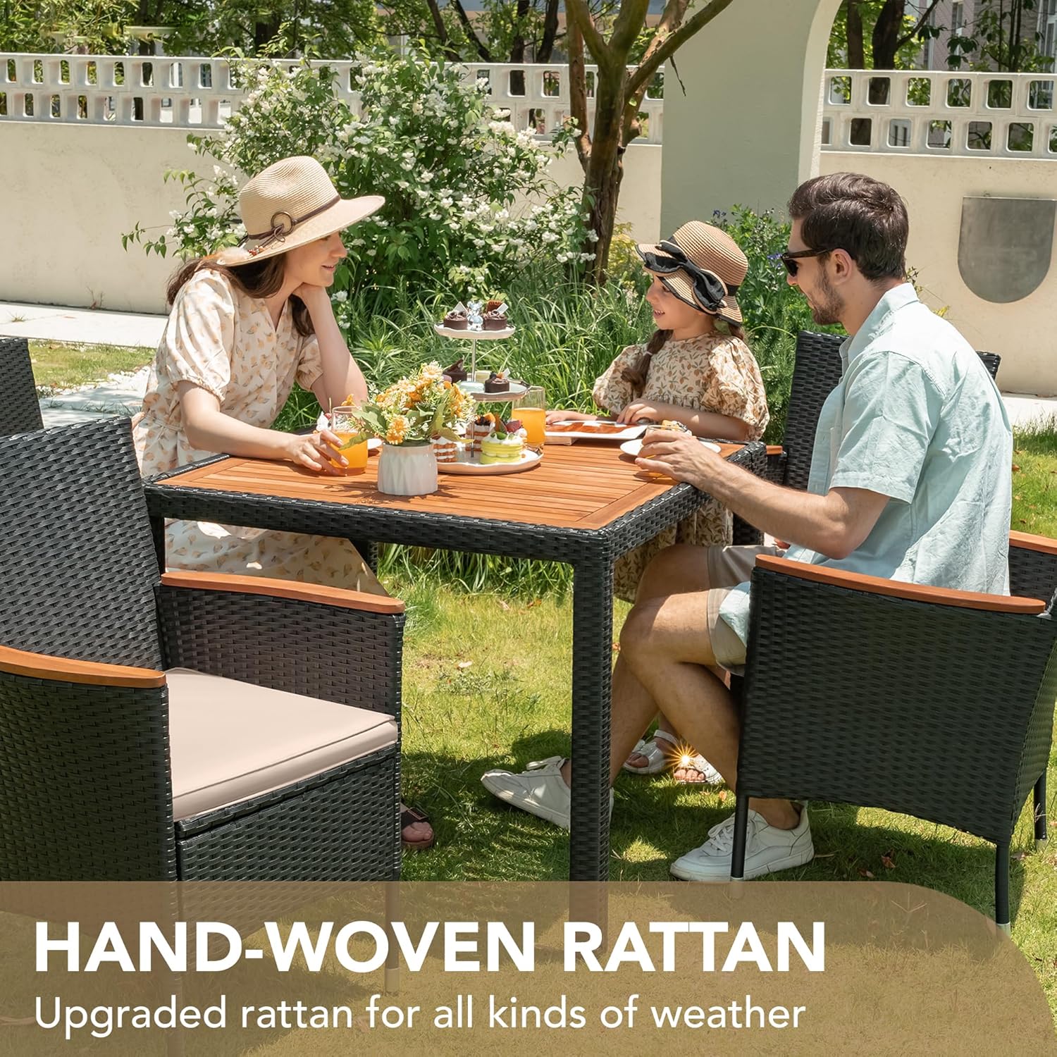 Devoko Dining 7 PCS Furniture Patio Conversation Set with Acacia Wood Table Top Rattan Outdoor