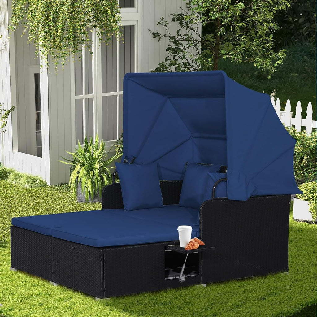 RELAX4LIFE Patio Outdoor Daybed with Canopy Wicker Sunbed Cushions 4 Pillows