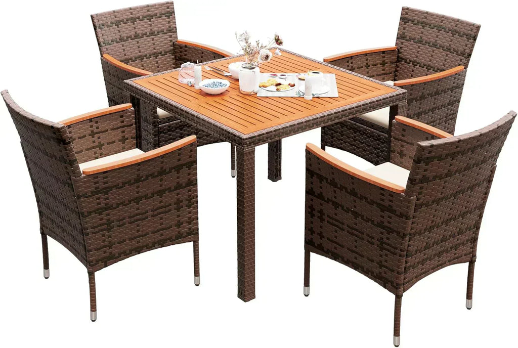 Devoko Dining 7 PCS Furniture Patio Conversation Set with Acacia Wood Table Top Rattan Outdoor