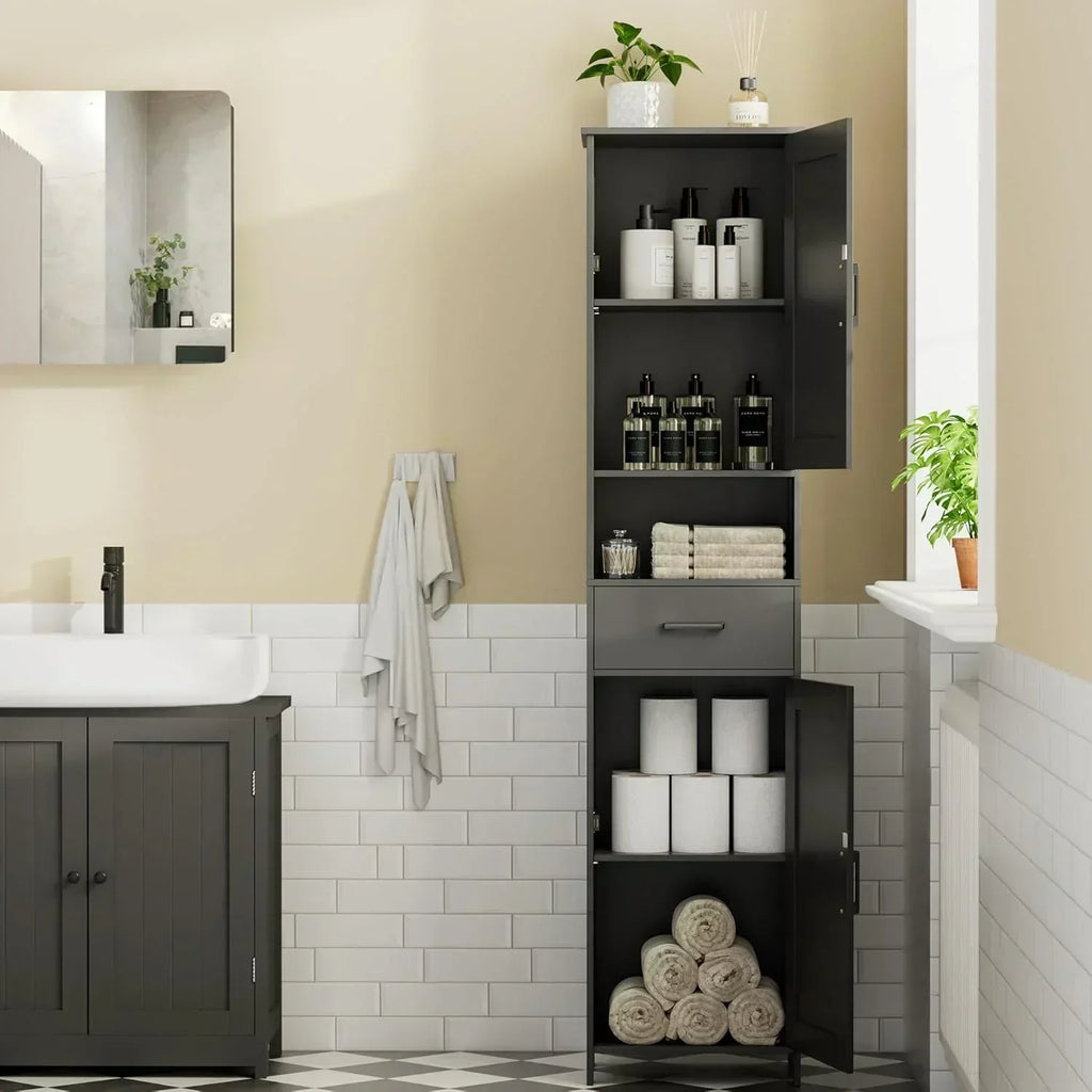 Homhedy 67 H Tall Bathroom Storage Cabinet with 2 Barn Doors and 1 Drawer Narrow Storage Unit