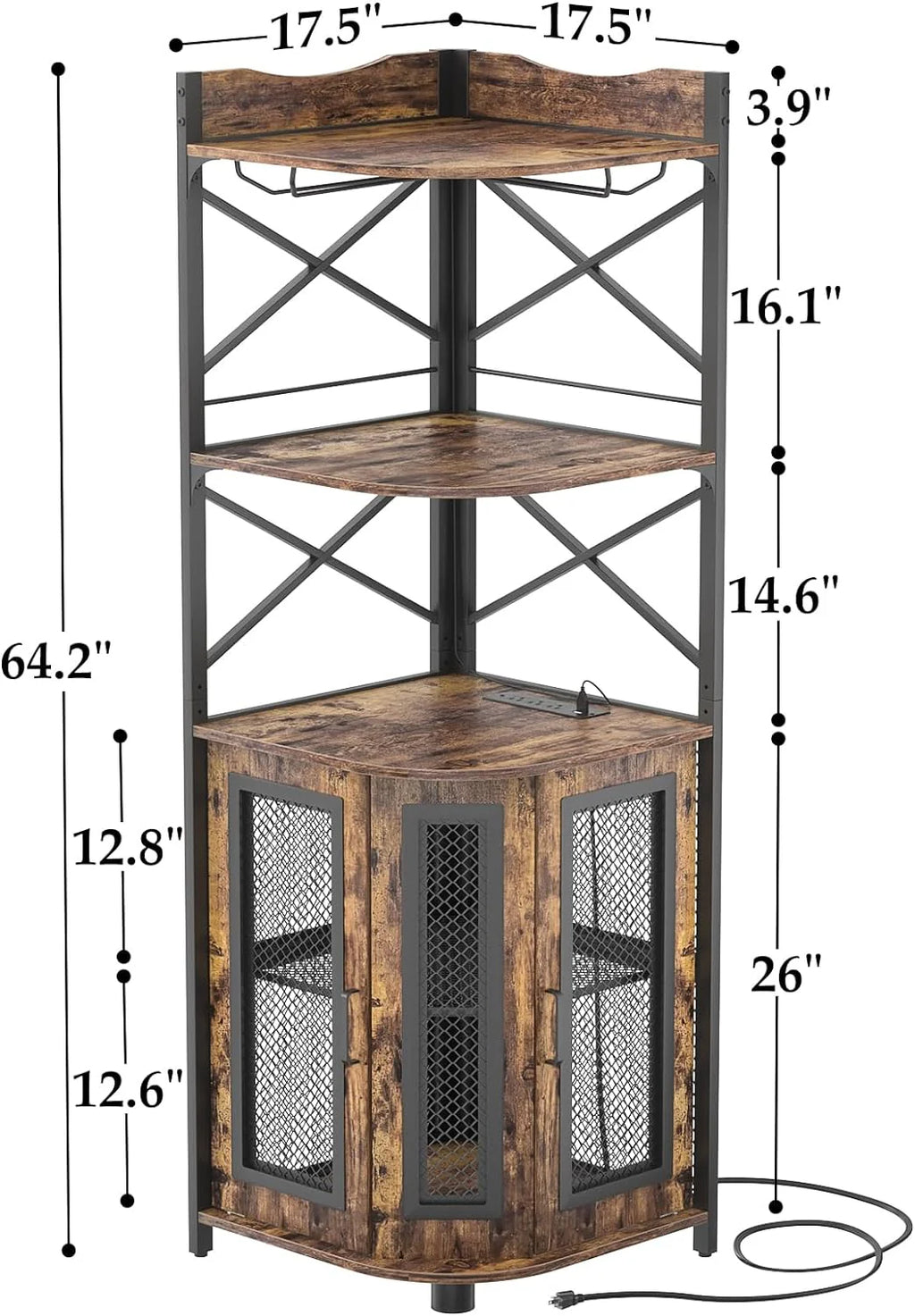 Aheaplus Corner Bar Cabinet with Power Outlet, Industrial Wine Cabinet with LED Strip and Glass Holder, 5-Tiers Liquor Cabinet Bar Unit for Home, Corner Display Cabinet for Small Space, White Oak