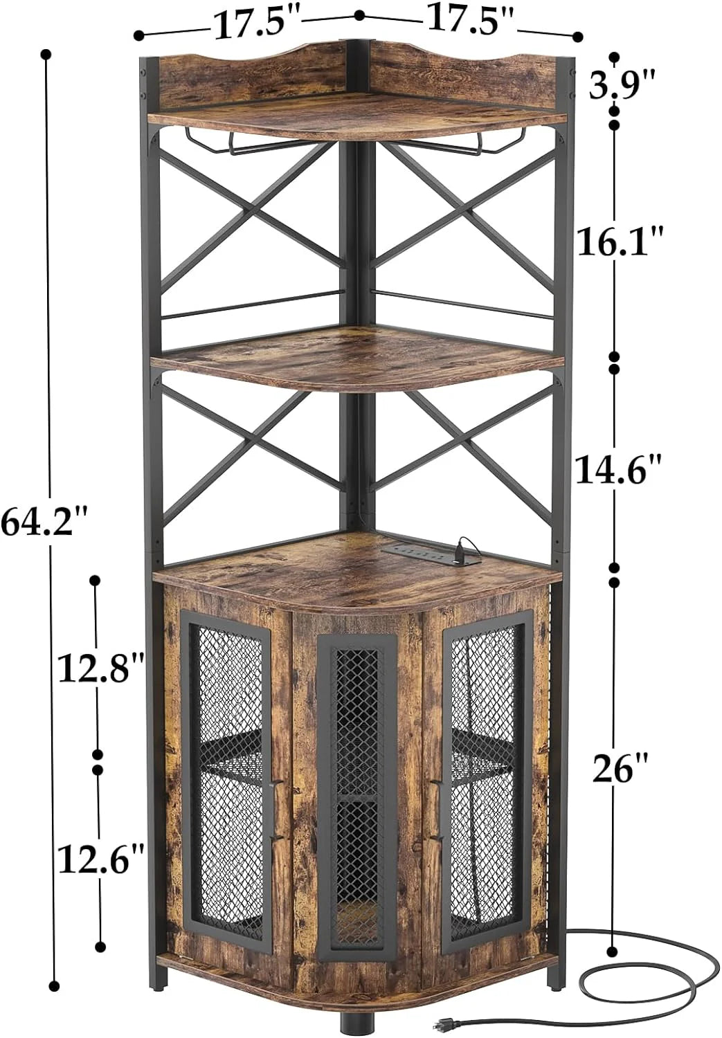 Aheaplus Corner Bar Cabinet with Power Outlet, Industrial Wine Cabinet with LED Strip and Glass Holder, 5-Tiers Liquor Cabinet Bar Unit for Home, Corner Display Cabinet for Small Space, White Oak