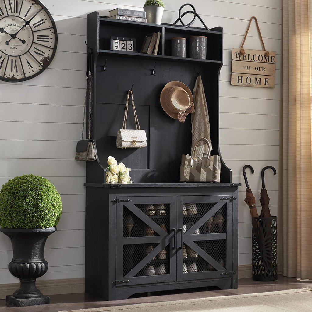 JXQTLINGMU 59-inch Farmhouse Foyer Tree Shoe Storage Entryway Bench Foyer Coat Rack Cabinet