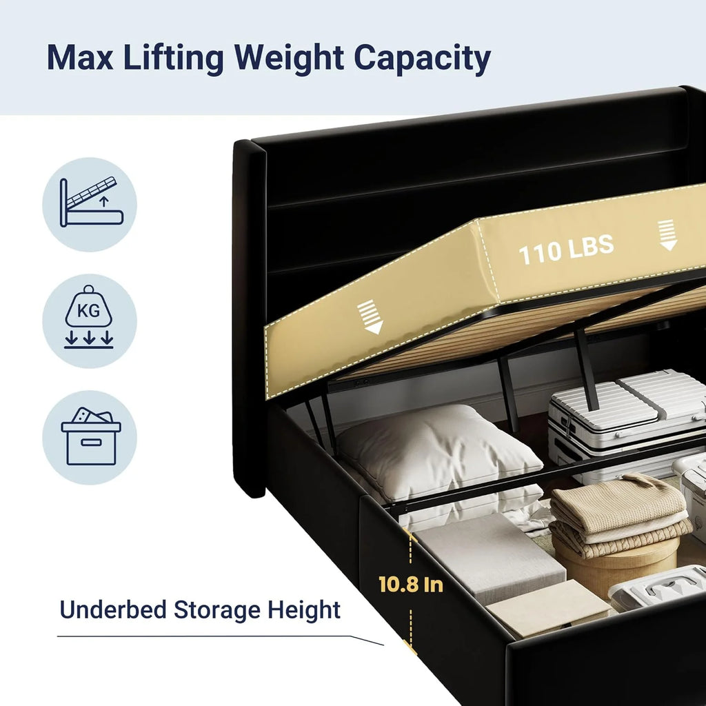 Allewie Queen Size Lift Up Storage Bed Modern Wingback Headboard Hydraulic Support