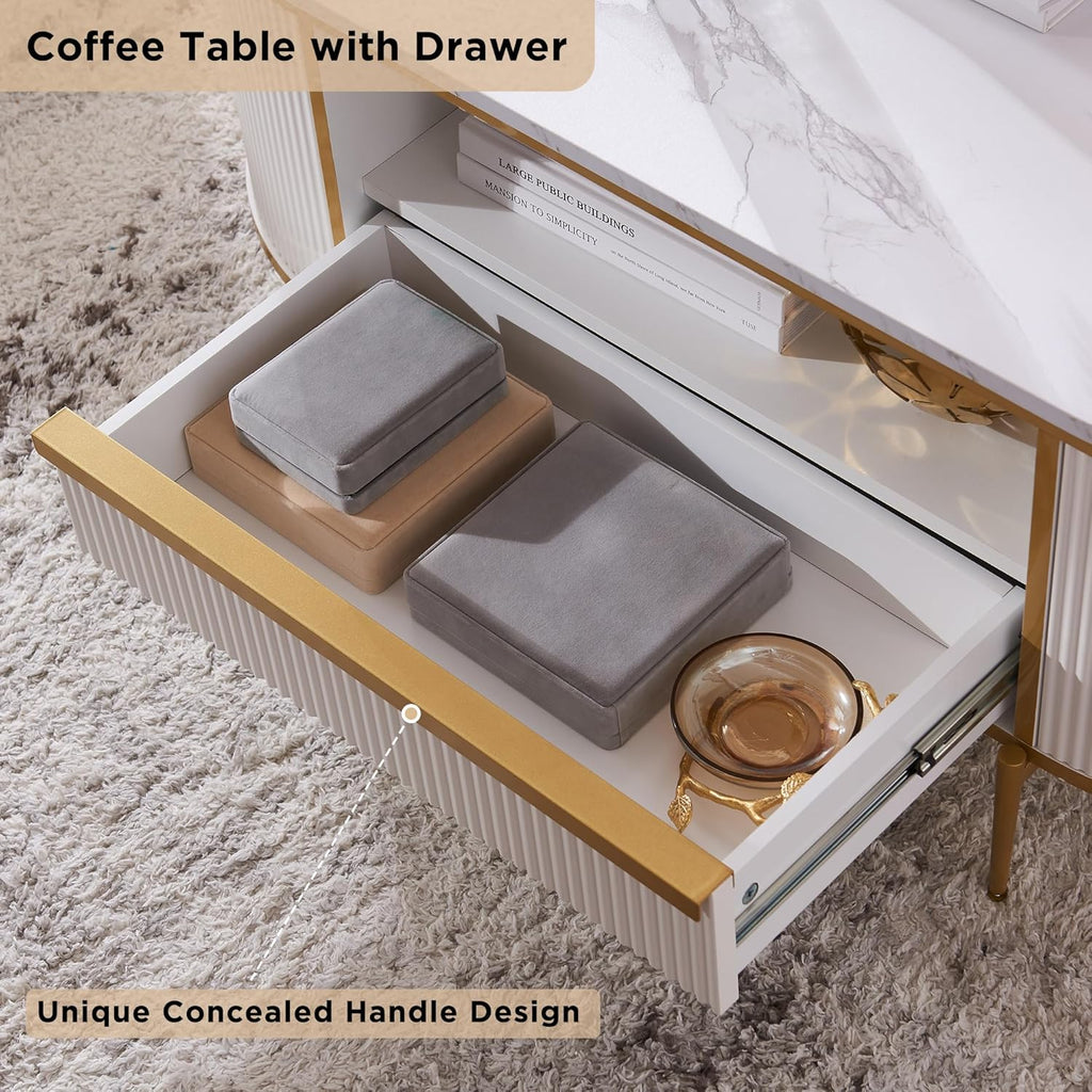 OKD Modern Luxury Grooved Coffee Table 48 Inch Oval Coffee Table Drawers Imitation Marble Top