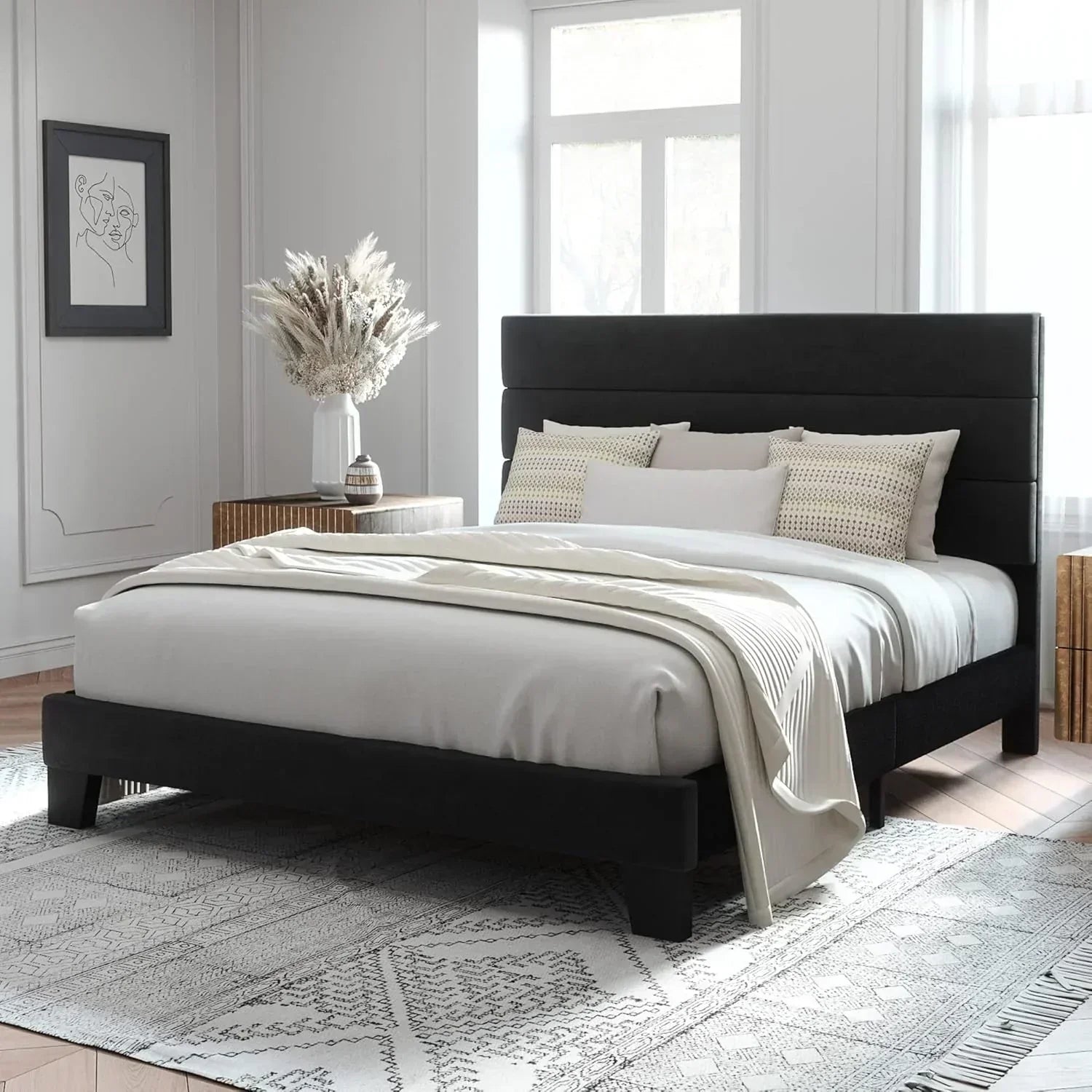 Allewie King size platform bed frame with velvet upholstered headboard and planks