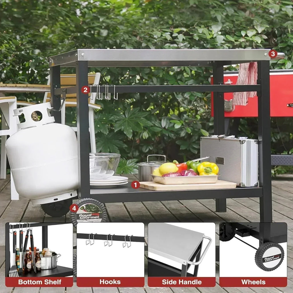 Royal Gourmet Dining Cart Table with Double-Shelf Movable Stainless Steel Flat Top Grill Cart