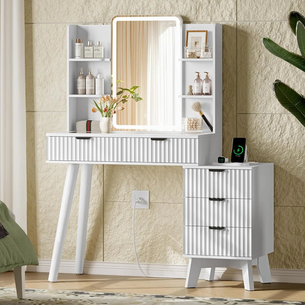 Vanity Desk with LED Lights Mirror & Power Outlet, Small Makeup Vanity Table Set