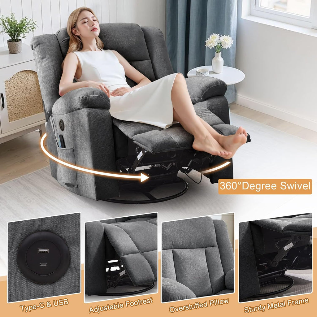 Rocker Recliner, Glider Recliner Chairs for Adults, 360�� Swivel Rocking Chair with Massage and Heating, Nursery Chair