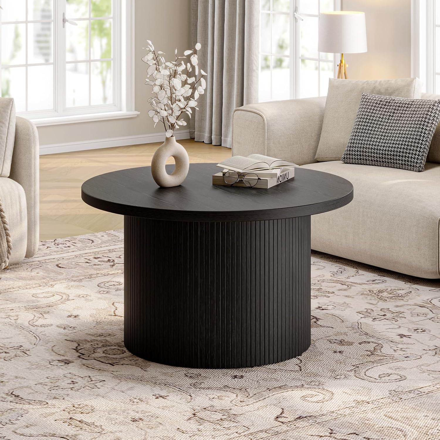 31.5 inch round coffee table living room roll-up coffee table mid-century modern wood coffee table
