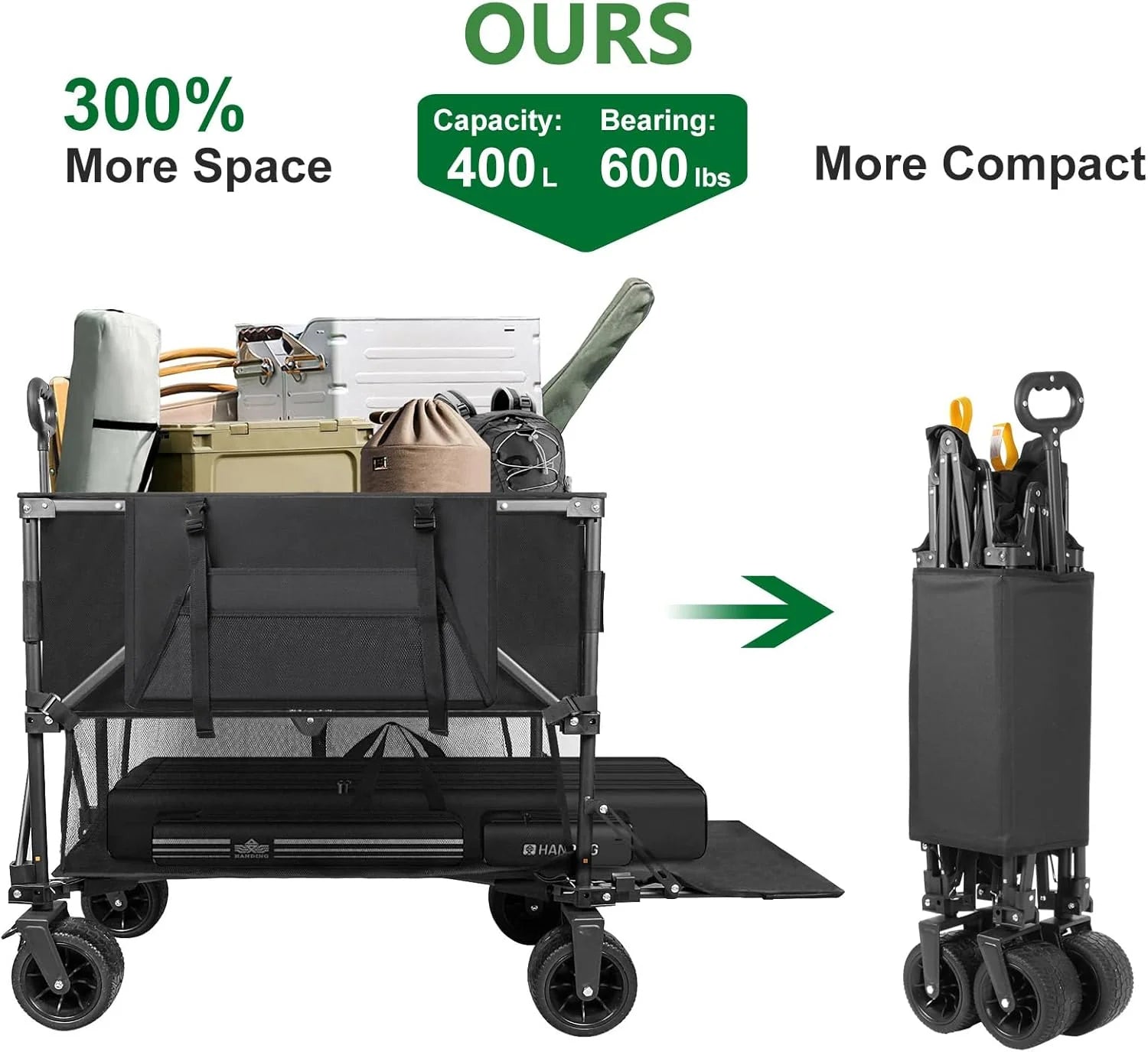 Double Decker Wagon 600lb Capacity & 400L Collapsible Sports Wagon with Big Wheels 54 Extended Utility Folding Cart