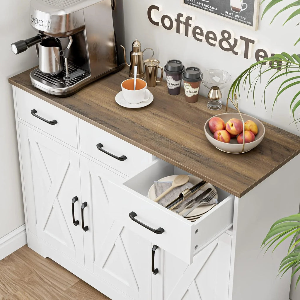 Modern farmhouse sideboard, barn door buffet storage cabinet with drawers and shelves, wooden coffee bar with storage