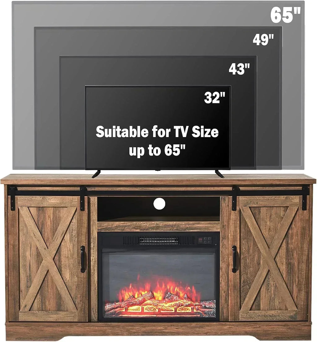 AMERLIFE Fireplace TV Stand with Sliding Barn Door  Farmhouse 63 Fireplace Entertainment Center