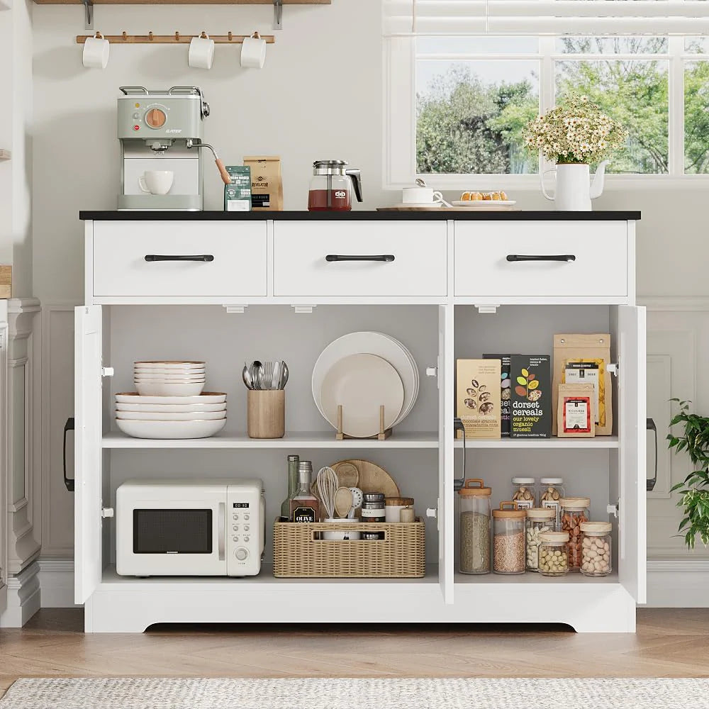 Modern farmhouse sideboard, barn door buffet storage cabinet with drawers and shelves, wooden coffee bar with storage