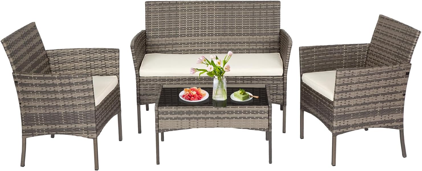 FDW | 4-Piece Patio Furniture Set | Black | Outdoor Wicker Furniture with Coffee Table | Modern Rattan Chairs Conversation Set | Outdoor Seating | Weather-Resistant | for Porch, Garden, Lawn