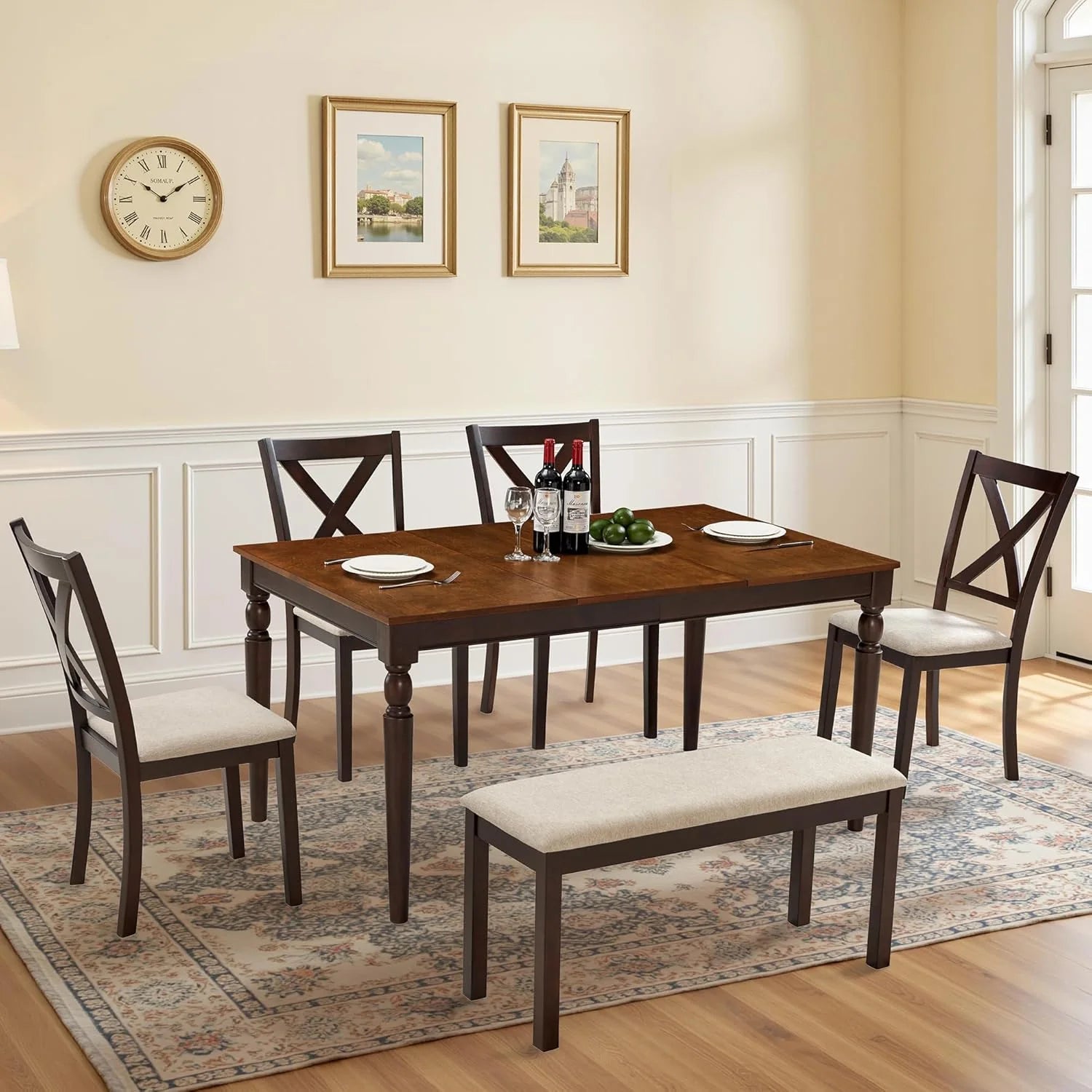 LUXOAK 6-Piece Solid Wood Dining Table Set 60'' Farmhouse Wood Kitchen Chairs Set