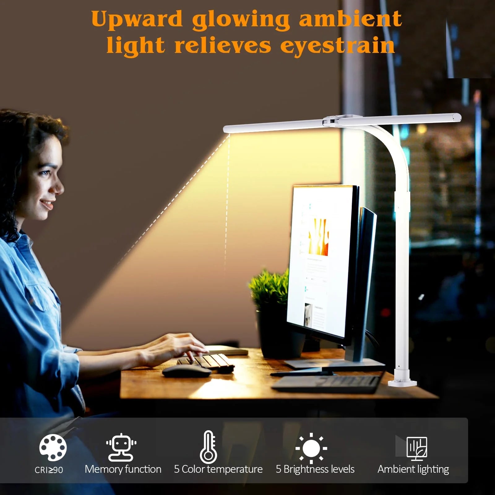 24W LED Desk Lamp with Clamp for Home Office Double Head 5 Brightness 5 Temperatures Gooseneck
